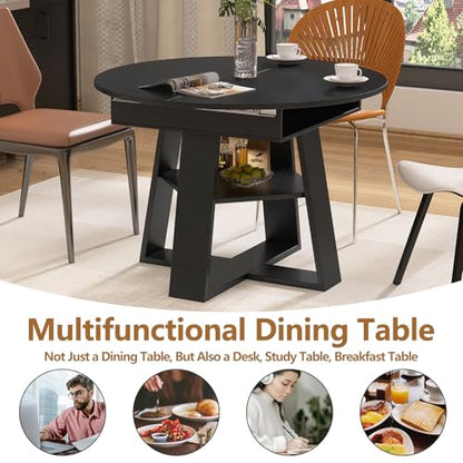 Modern Round Dining Table for 4-8, 43-59" Extendable Oval Dining Table with Leaf, Kitchen Table with Storage Shelf & Wood Cross Base, Circle Tables for Living Room Kitchen, Space Saving (Black) - color: Black