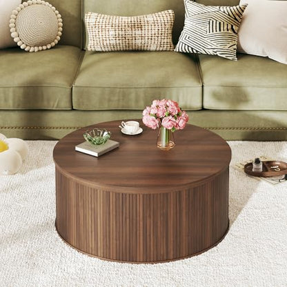 HUAHUU Round Coffee Table with Storage, 31.5" Lift Top Coffee Table, Mid Century Modern Coffee Tables for Living Room, Apartment Office, Fluted Table with Rustic Wood Desktop, Walnut