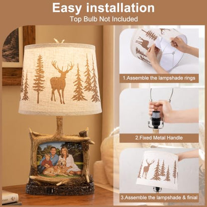 Dungoo 23" Rustic Antler Table Lamp with Picture Frame Lamp with USB-C Port | Western Cabin Deer Table Lamp with 6" x 8" Photo Frame for Living Room Bedroom, Farmhouse Nightstand Bedside Lamp, Brown - color: Natural Brown