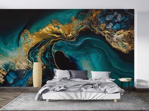 Teal Blue Green Yellow Gold Abstract Marble Fluid Vintage Wall Mural Peel and Stick Art Wallpaper Self Adhesive Removable Mural Large Foil Wall Decor Print Picture - color: Ma-007, size: 75"x108"