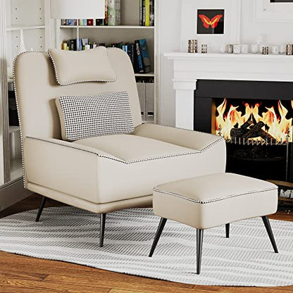 Faux Leather Accent Chair with Ottoman, Modern Upholstered Large Sofa Chair for Living Room Bedroom Lounge Chair Armless Accent Chair and Ottoman Set Beige - color: Beige