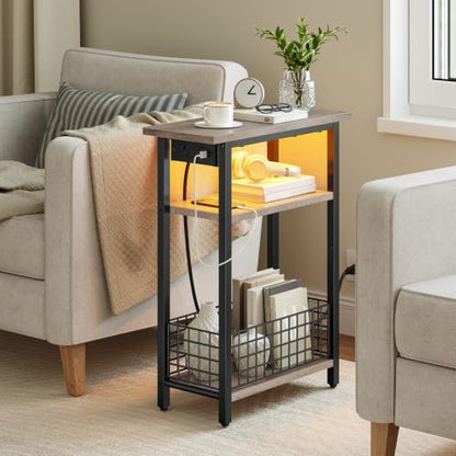 HOOBRO Narrow Side Table with Charging Station and LED Light, Small End Table with Storage, Skinny Nightstand with USB Port, Slim Bedside Table for Small Spaces, Living Room, Greige BG242UDBZ01 - color: Greige + Black