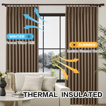 90 Inches Blackout Pinch Pleated Curtains Brown Linen Extra Wide Double Pleated Drapes for Traverse Rods Thermal Insulated Curtains Easy Hanging 72" W x 90" L 1 Panel - color: Brown, size: 72"W x 90"L (Pack of 1)