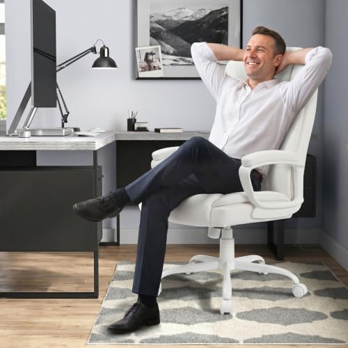 Home Office Executive Desk Chair, High Back PU Leather Chair, Height Adjustable Swivel Computer Chair with Padded Armrest (White) - color: White