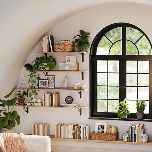 Long Wall Shelves, 31.5Inch Wooden Wall Mounted Shelves, Set of 2 | Floating Book Shelf with Metal Bracket, Easy Assembly, Max Load 22lbs, Wall Storage Ledges, Bedroom/Bathroom/Kitchen, Natural - color: Natural, size: 31.5 Inch