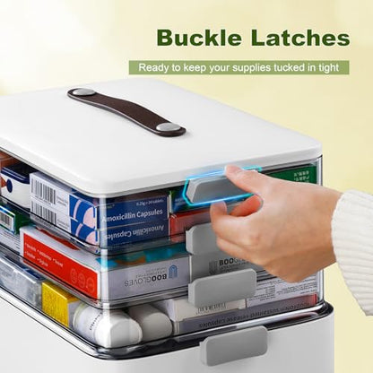 MOPALL Craft Medicine Cabinet Organizers Storage Box for Art Supply Sewing | 4-Tier Mega Capacity, Portable Latch Bin with Lid, Leather Handle, Space-Saving, for Home Office, Pill Bottle, First Aid