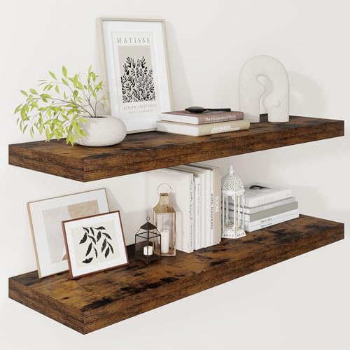 Vivelove Deep Floating Shelves 36x12” Set of 2, Rustic Brown | Easy Install With Hardware, 2" Thick, Invisible Brackets, Wall Mounted, No Sagging, For Any Room - color: Rustic Brown, size: 36”wx12”dx2”h