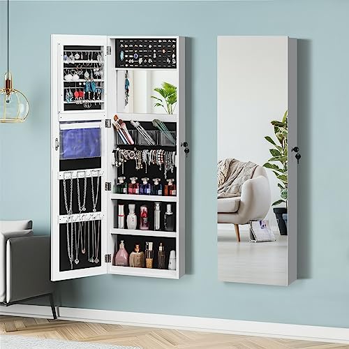 47.2" Wood Jewelry Mirror Cabinet,Wall or Door Mounted Jewelry Storage Cabinet,Space-Saving Large Jewelry Armoire Organizer,with Lock & Full-Length Mirror,for Living Room, Bedroom, Cloakroom (White) - size: 40x12x120cm