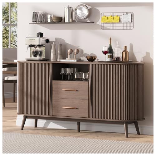 Jiansu furni,63" Fluted Sideboard Buffet Cabinet with Storage,Walnut Mid-Century Modern Coffee Bar Station for Dining Room,Wood Accent Storage Cabinet& Credenza with Drawers for Liquor, Wine - color: Walnut_2 Doors&drawers