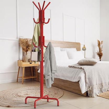 Simple Houseware Standing Coat/Hat Hanger Organizer Rack, 12 Hooks, Red | For Entryway, Bedroom, and Hallway - color: Red