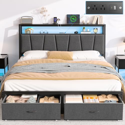 FreeHouse Queen Bed Frame with 2-Tier Storage Headboard and 2 Drawers, Grey | Upholstered Platform Bed with Charging Station & LED Lights,Fabric Drawers,Metal Slats, No Box Spring Needed, Noise-Free, - color: Grey, size: Queen