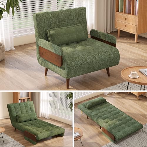 JASIWAY 28" Mid-Century Convertible Sofa Chair Bed Sleeper for Adult, Futon | Space Saving, Sturdy Green Chenille Convertable Guest Bed with Adjustable Backrest, Folding Sofa Chair with Walnut Armrest - color: Mid-century Green, size: 27.6" W Sleeper Chai