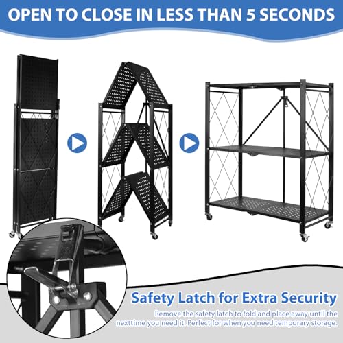 3-Tier Foldable Storage Shelf with Wheels, Metal Collapsible Shelving Unit, Rolling Utility Cart for Kitchen Pantry Closet Office, Pre-Assembled Storage Rack Organizer - size: 3-Tier