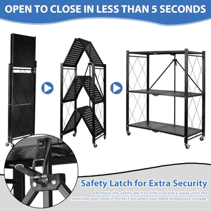 3-Tier Foldable Storage Shelf with Wheels, Metal Collapsible Shelving Unit, Rolling Utility Cart for Kitchen Pantry Closet Office, Pre-Assembled Storage Rack Organizer - size: 3-Tier