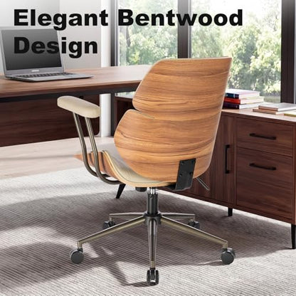 Mid Century Walnut Bentwood PU Leather Office Chair with Arms, Beige | Curved walnut bentwood back & seat; removable armrests; PU leather upholstery; swivel & rolling; for home office & study - color: Beige, size: 2-Section Back / No Headrest
