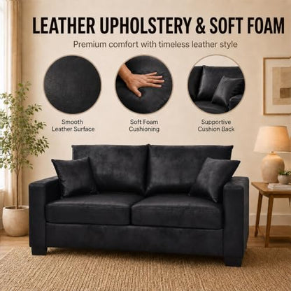 69'' Loveseat Sofa,Modern Fabric 2-Seater Sofa with 2 Pillows(Black) | Small Couches for Living Room, Office,Apartment, Small Spaces,21 in Deep Seat - color: Black