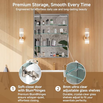 24" x 36" Bathroom Medicine Cabinet with Mirror, Recessed or Wall Mount | Medicine Cabinets with Adjustable Glass Shelves, Soft-Closed Hinge, Chrome Aluminum Frame, Reverse Installation - size: 24" x 36"
