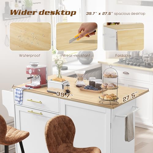 48" Kitchen Island with Trash Can Storage & Drop Leaf on Wheels | Rolling Kitchen Island Table Cart Cabinet with Drawer, Mobile Kitchen Cabinet on Wheels w/Spice Rack, Towel Bar, Hooks - color: White, size: 48"