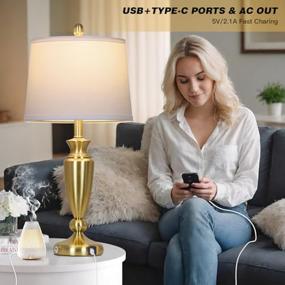 Rinweey 27'' Gold Table Lamps for Living Room with White Lampshade, 3 Way Touch Control Bedside Lamps Set of 2 with USB A+C Ports, Modern Metal Nightstand Lamp for Bedroom Office End Table - color: Gold-27"H
