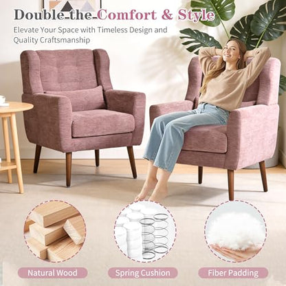 Accent Chair Set of 2, Upholstered Armchair with Pillow, Fabric Single Sofa Chair with Lounge Seat and Wood Legs Accent Chair for Living Room Small Spaces (Purple, Set of 2) - color: Purple, size: Set of 2