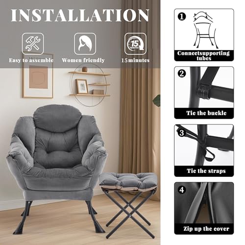 Lazy Chair with Ottoman, Comfy Reading Chair, Darkgrey | Cushioned Seat with Foldable Ottoman and Side Pocket, Lounge Chair for Bedroom, Living Room, Dorm and Small Spaces - color: Darkgrey
