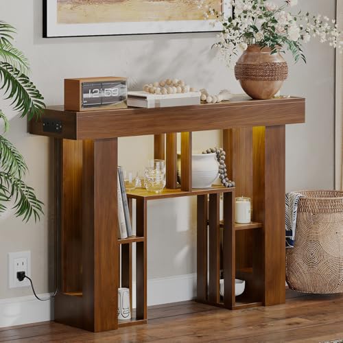 43.3" Console Table with Charging Station & USB-C Port, Behind Couch Sofa Table with LED Lights Narrow Entryway Table for Entrance Living Room Hallway Foyer, Walnut - color: Walnut