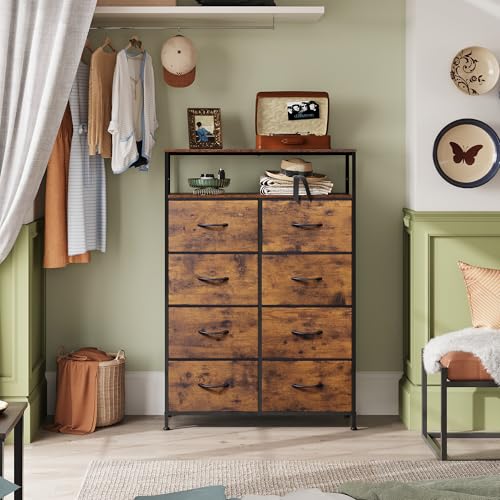 WLIVE Fabric Dresser for Bedroom with Open Shelves, Tall Dresser with 8 Drawers, Storage Tower with Fabric Bins, Chest of Drawers for Closet, Hallway, Rustic Brown Wood Grain Print | 8 fabric drawers plus open shelves, steel frame with wood top, great for