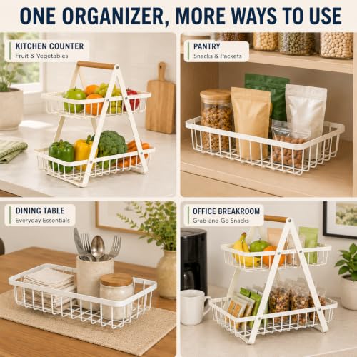 mahueeol 2-Tier Countertop Fruit Basket with Wooden Handle, Detachable | Detachable metal baskets with wooden handle for fruits, vegetables, bread and snacks in kitchens, pantries or dining rooms - color: White