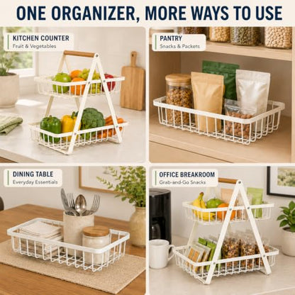 mahueeol 2-Tier Countertop Fruit Basket with Wooden Handle, Detachable | Detachable metal baskets with wooden handle for fruits, vegetables, bread and snacks in kitchens, pantries or dining rooms - color: White