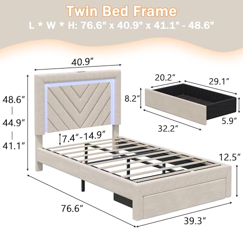 Twin Size Bed Frame with Adjustable Headboard and Storage Drawer, Upholstered Bed Frame Twin with RGB LED Lights and Charging Station, Easy Assembly, No Box Spring Needed, Off White - color: Off White, size: Twin