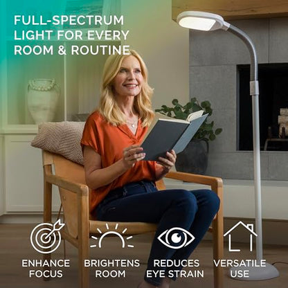 Verilux SmartLight Full Spectrum LED Modern Floor Lamp with Adjustable Brightness, Flexible Gooseneck and Easy Controls - Reduces Eye Strain and Fatigue - Ideal for Reading, Artists, Craft (White) - color: White
