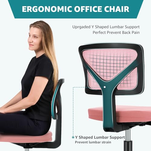OLIXIS Armless Home Office Chair, Ergonomic Small Desk Chair | Mesh Back, Removable Washable Foam Cushion, Height Adjustable, Rolling Swivel Wheels, Small Space, Pink - color: Pink
