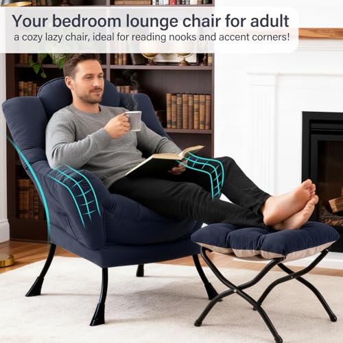 Lazy Chair with Ottoman, Reading Chair with Lumbar Pillow，Navy | Comfy Accent Lounge Chair with Pillow & folding Foot Stool, sturdy metal frame for bedroom, dorm or apartment, Living Room - color: Navy Blue