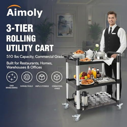 3-Tier Rolling Utility Cart with Wheels, 510 lbs Capacity Service Cart, Commercial Kitchen Cart with 4 Lockable Swivel Casters for Restaurant/Home/Warehouse/Office (31.5"L x 15.75"W x 37.4"H)