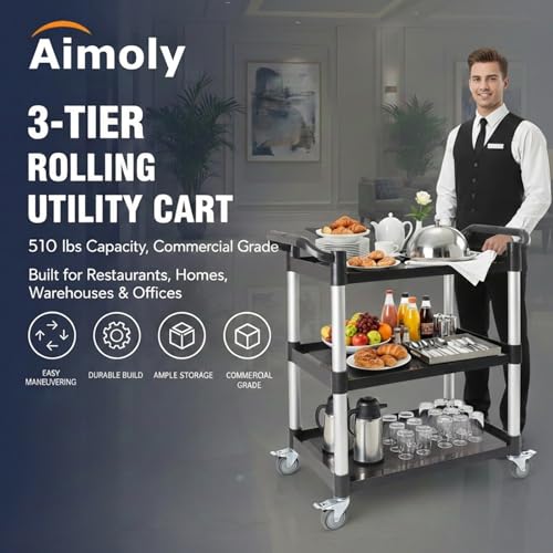 3-Tier Rolling Utility Cart with Wheels, 510 lbs Capacity Service Cart, Commercial Kitchen Cart with 4 Lockable Swivel Casters for Restaurant/Home/Warehouse/Office (31.5"L x 15.75"W x 37.4"H)