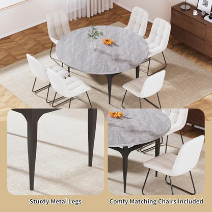 HIPIHOM 55‑Inch Extendable Dining Table Set with 6 Upholstered Chairs and Metal Frame for Dining Room - color: Grey/White