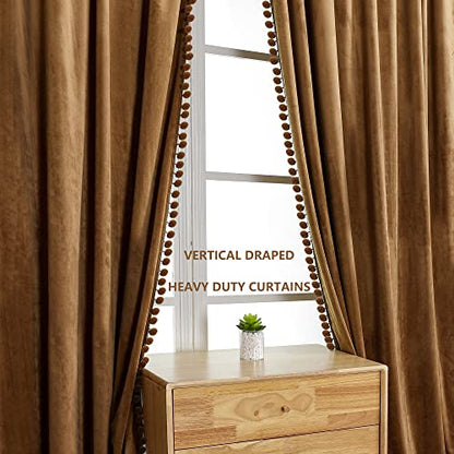Benedeco Pom Pom Velvet Blackout Curtains 52x90, Toffee Camel, 2 Panels | Elegant Room Darkening Thermal Insulated Energy Saving Noise Reducing Boho Drapes for Bedroom, Living Room - color: A-camel, size: 52"W x 90"L (Pack of 2)