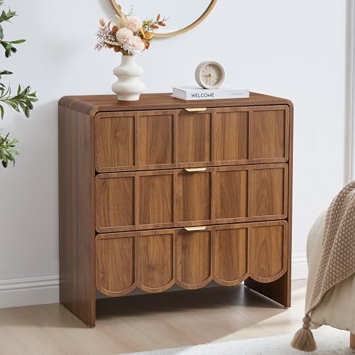 3 Drawer Dresser for Bedroom, Modern Closet Chest of Drawers with Wave Fluted Drawer, Wood Storage Small Dresser Organizer for Nursery Bedroom Living Room Hallway Closet (Walnut) - color: Walnut Scallop 3 Drawer