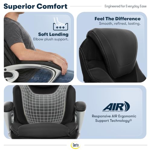 Serta Bryce Executive Office Chair - Ergonomic Computer DeskChair with Lumbar Technology - Adjustable Height - Memory Foam Body Pillows - 360° Swivel Rolling Base - Bonded Leather - Black - color: Black
