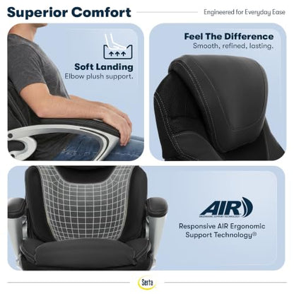 Serta Bryce Executive Office Chair - Ergonomic Computer DeskChair with Lumbar Technology - Adjustable Height - Memory Foam Body Pillows - 360° Swivel Rolling Base - Bonded Leather - Black - color: Black