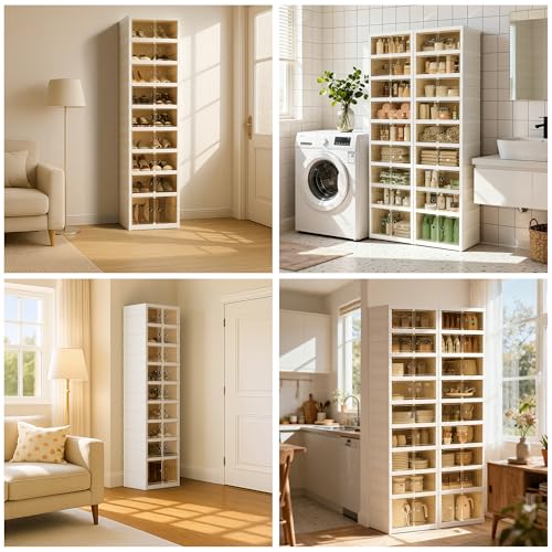 Foldable Shoe Organizer Storage Box, Portable Extra Large Folding Shoe Rack for Closet, Shoe Storage Box with Magnetic Transparent Door and Wheels, 9 Layers 18 Grids with 2 Big Grids - size: White 9 Layers-B