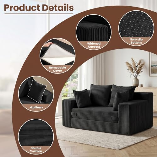 Boneless Mini Couch 53 Inch, 3-in-1 Black Boneless Couches Covertible Sofa Bed with 4 Pillows, Small Couches for Living Room, Bedroom, Small Space - color: Black, size: 53 Inch