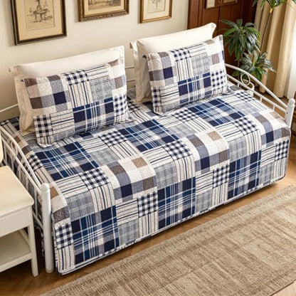 Jarson 3 Pcs Plaid Daybed Cover Set Twin Size Navy White Brown Sofa Cover Double Side Bed Set Classic Patchwork Bedding Sets Daybed Quilt Set with Pillow Shams - color: Navy White Brown