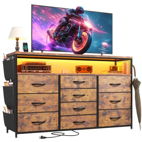 EnHomee Dresser with 10 Drawers, LED TV Stand for 55" TV with Power Outlets | Chest of Drawers with Side Pockets and Shelves, Metal Frame and Sturdy Wood for Bedroom, Hallway, Brown - color: Rustic Brown