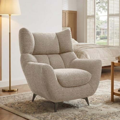 34.6" Oversized Accent Chair with WingBack, Teddy Boucle Camel | High Back, Wide Armrests, Metal Legs, Cozy Deep Seat Armchair , Reading Chair for Living Room, Bedroom, Apartment, Office - color: Camel, size: Set of 1