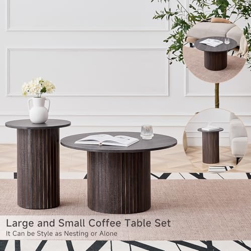 Round Nesting Coffee Table Set of 2 Mid Century Modern Wood Round Coffee Tables with Flexible Small Boho Circle Side Table for Space Saving Living Room Comedor Home Office Bedroom(Black) - color: 2pcs Black