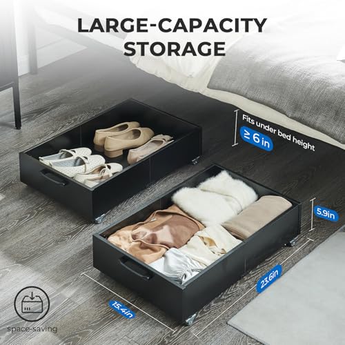 2-Pack Under Bed Storage Drawers Organizer with Wheels, Black | 58L total capacity, 80 lb per Drawer, Fits 6 in Bed Clearance, Rolling Drawers for Shoes, Clothes, Linens, Toys - color: Black