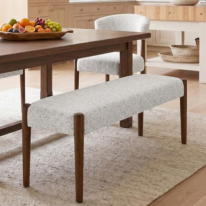 Usaint 42" End of Bed Bench with Wood Legs, Heathered White with Walnut Leg | Modern Upholstered Bedroom Bench with Rubberwood Legs, Entryway Bench with Cushion, Dining Bench for Living Room, Bedroom - color: Heathered Off-white With Walnut Leg