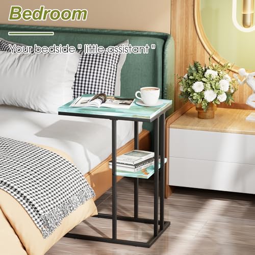 C Shaped End Side Table, Couch Sofa Table for Small Space, Snack Table with Metal Frame, TV Tray Table for Bed, Living Room, Bedroom, Bedside(Sea Blue) - color: Sea Blue+black