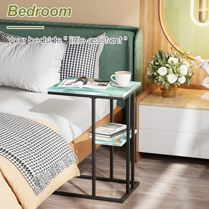C Shaped End Side Table, Couch Sofa Table for Small Space, Snack Table with Metal Frame, TV Tray Table for Bed, Living Room, Bedroom, Bedside(Sea Blue) - color: Sea Blue+black
